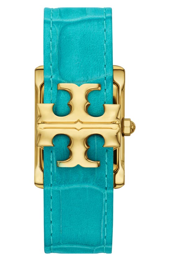 Shop Tory Burch The Eleanor Croc Embossed Leather Strap Watch, 25mm X 34mm In Turquoise