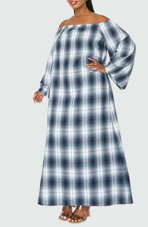 L I V D Zoe Plaid Long Sleeve Off The Shoulder Maxi Dress In Navy