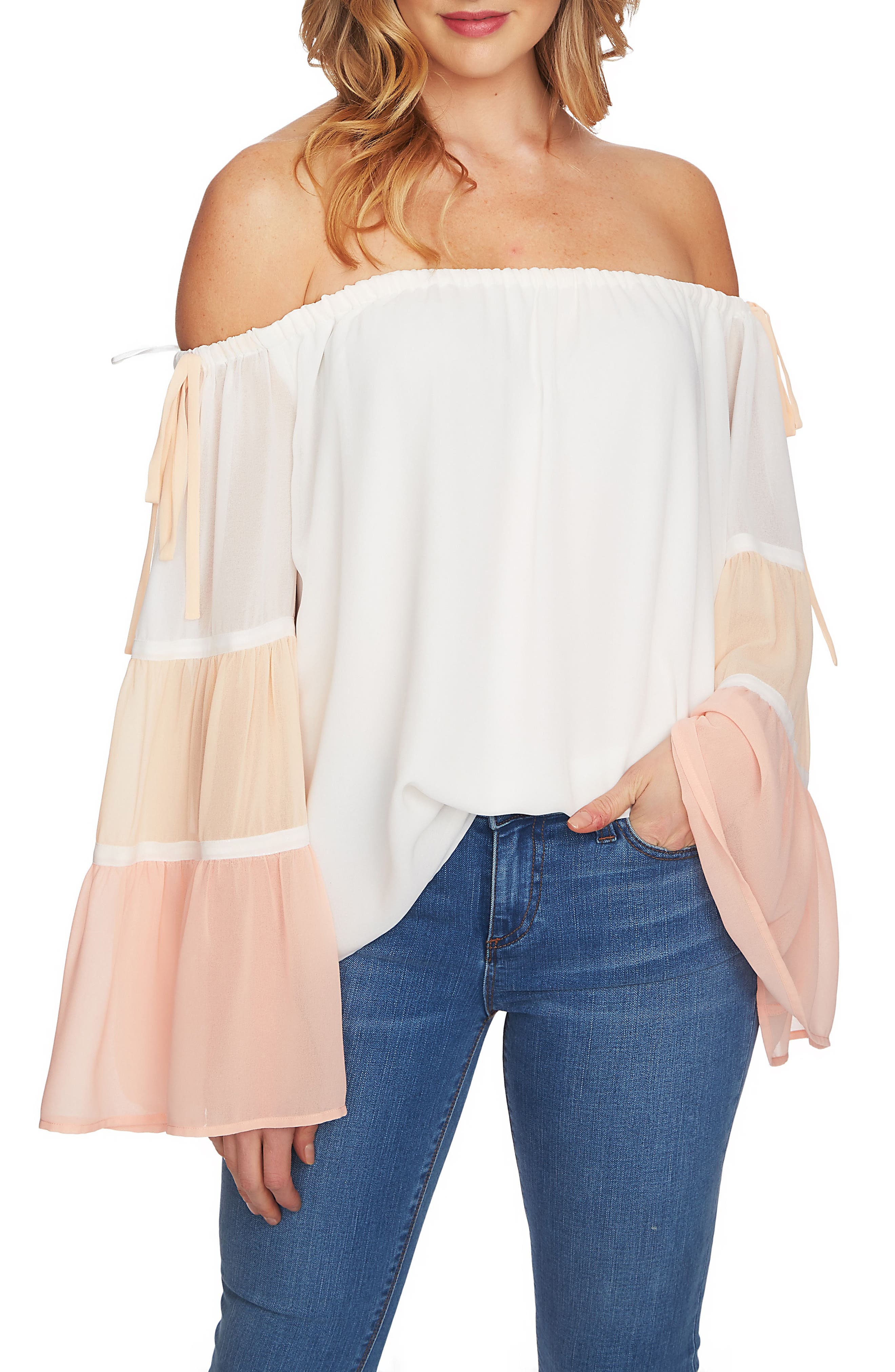 1.State Off-Shoulder Tiered Bell Sleeve Blouse