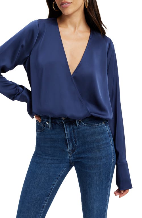 Good American Long Sleeve Stretch Satin Faux Wrap Top in Blue Rinse