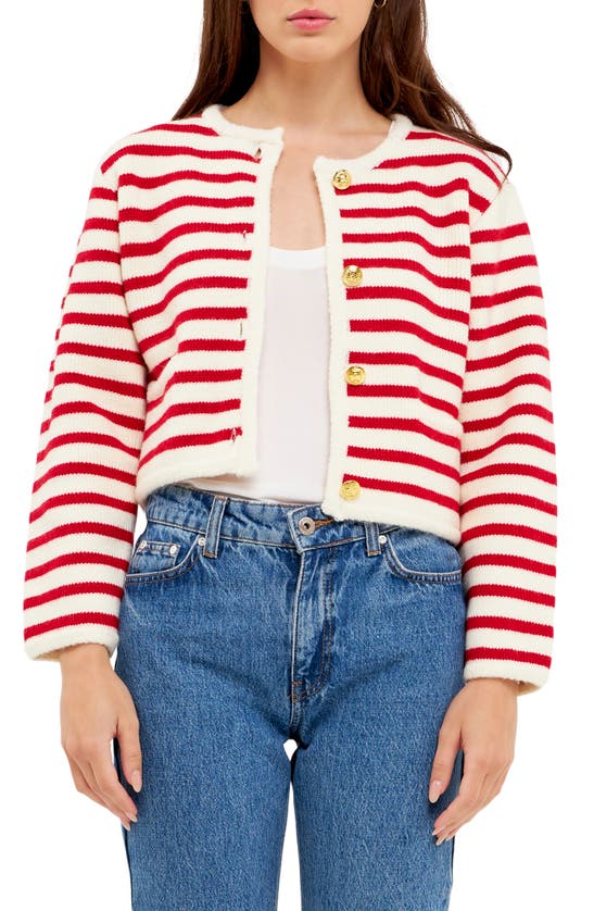 English Factory Stripe Cardigan In Red/ Cream