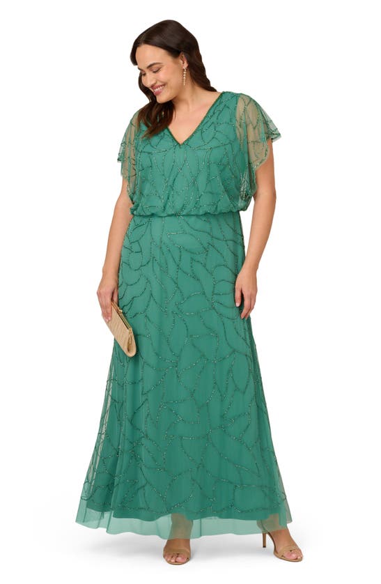 Shop Adrianna Papell Beaded Mesh Blouson Gown In Jungle Green