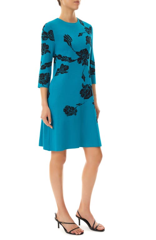 Ming Wang Floral Knit Fit & Flare Dress in Bright Teal/Black