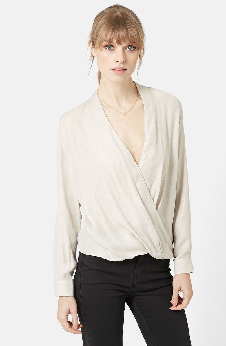 TOPSHOP Long Sleeve Surplice Blouse, Main, color, Grey