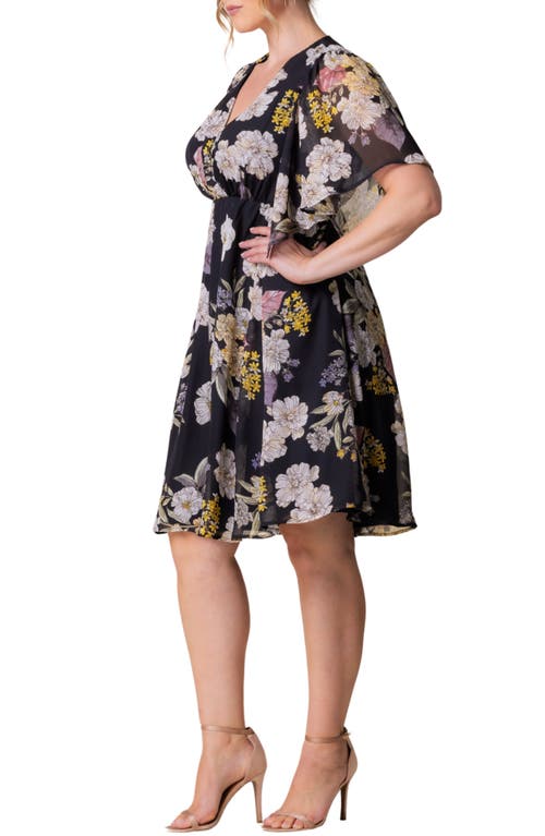 Shop Kiyonna Florence Flutter Sleeve Dress In Midnight Peony Print