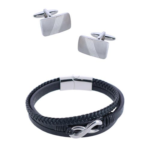 Shop Trafalgar Diagonal Rhodium Cufflinks & Infinity Triple Band Leather Bracelet In Silver