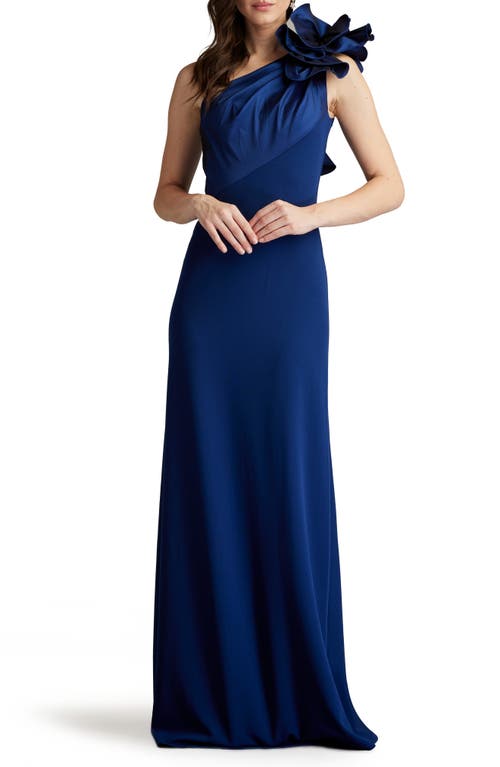 Shop Tadashi Shoji Flower One-shoulder Gown In Navy