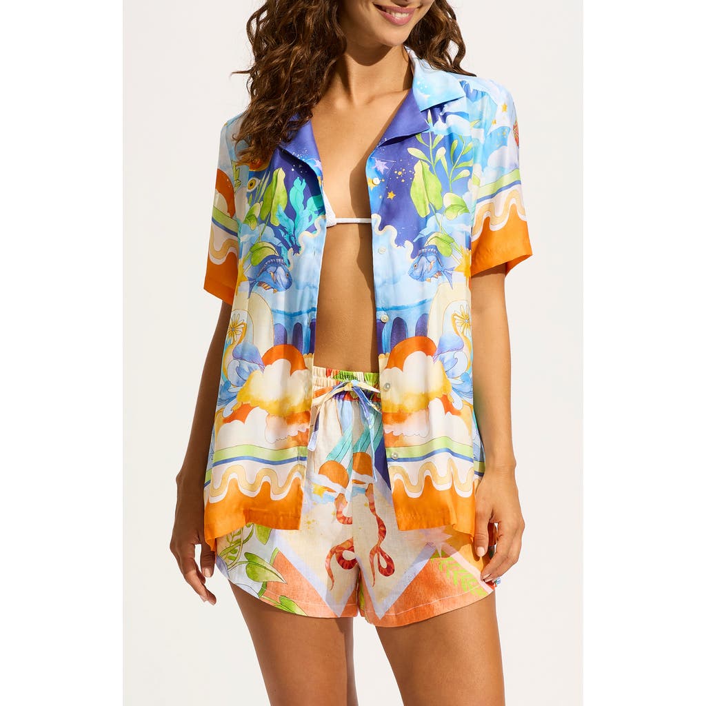Seafolly Aquarius Linen Button-up Cover-up Shirt In Turquoise