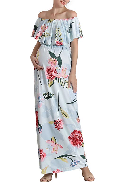 Kimi And Kai Deya Floral Off The Shoulder Maternity/nursing Maxi Dress In Blue Multicolored