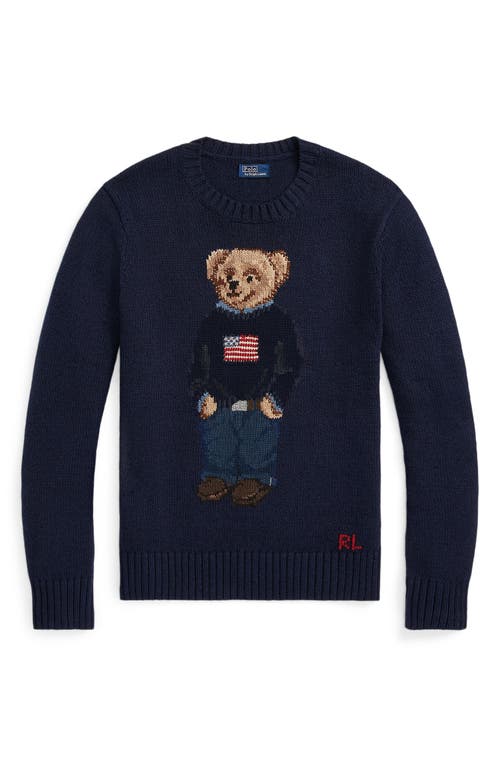 Shop Polo Ralph Lauren Bear Graphic Cotton & Linen Crewneck Sweater In Navy Multi