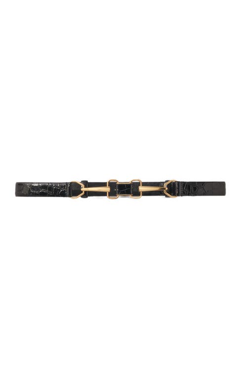 Maje Horsebit Croc Embossed Leather Belt In Black
