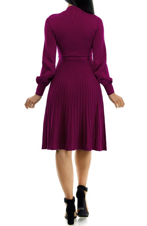 Nina Leonard Tie Waist Fit & Flare Sweater Dress In Sangria