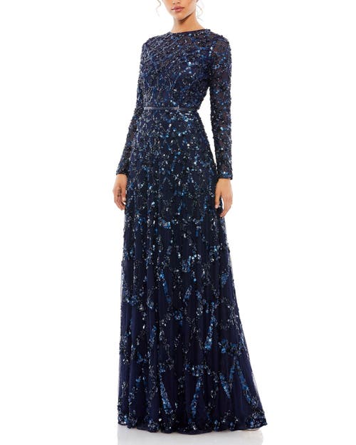 Mac Duggal Embellished Illusion High Neck Long Sleeve A Line Gown In Midnight