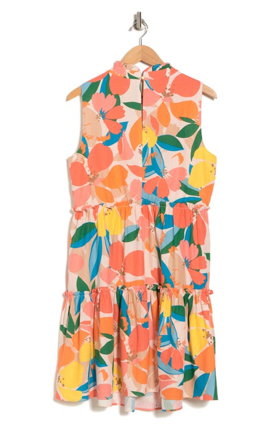 Shop Vince Camuto Floral Sleeveless Tiered Linen Blend Dress In Coral Multi