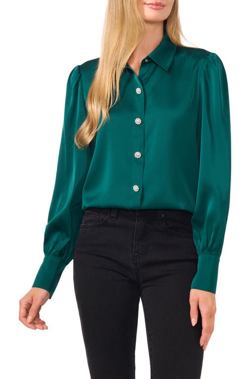 Shop Cece Embellished Satin Button-up Shirt In Dark Forest Green