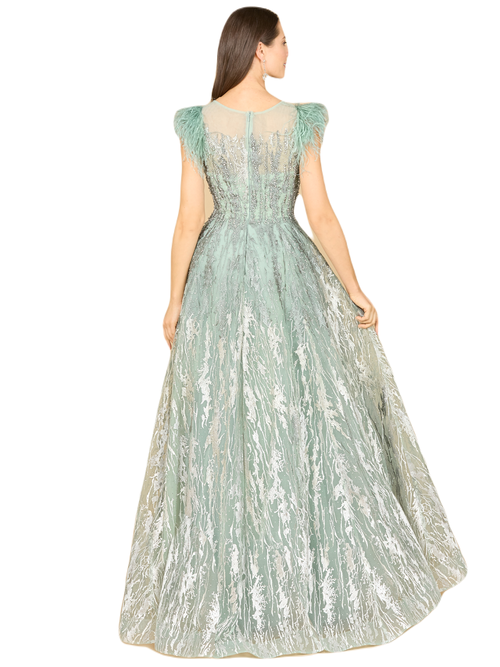 Lara New York Lace Ballgown With Feather Cap Sleeves In Sage