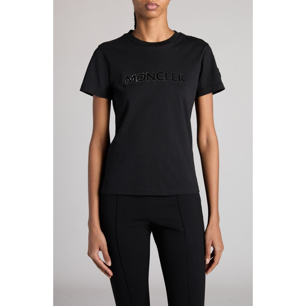 Moncler Crystal Embellished Logo Cotton T-shirt In Black