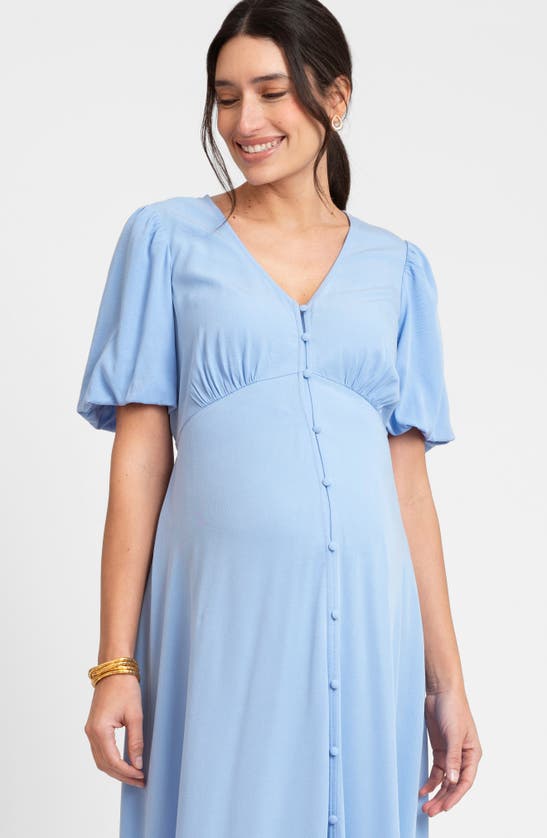 Seraphine Puff Sleeve Button-up Maternity Midi Dress In Blue