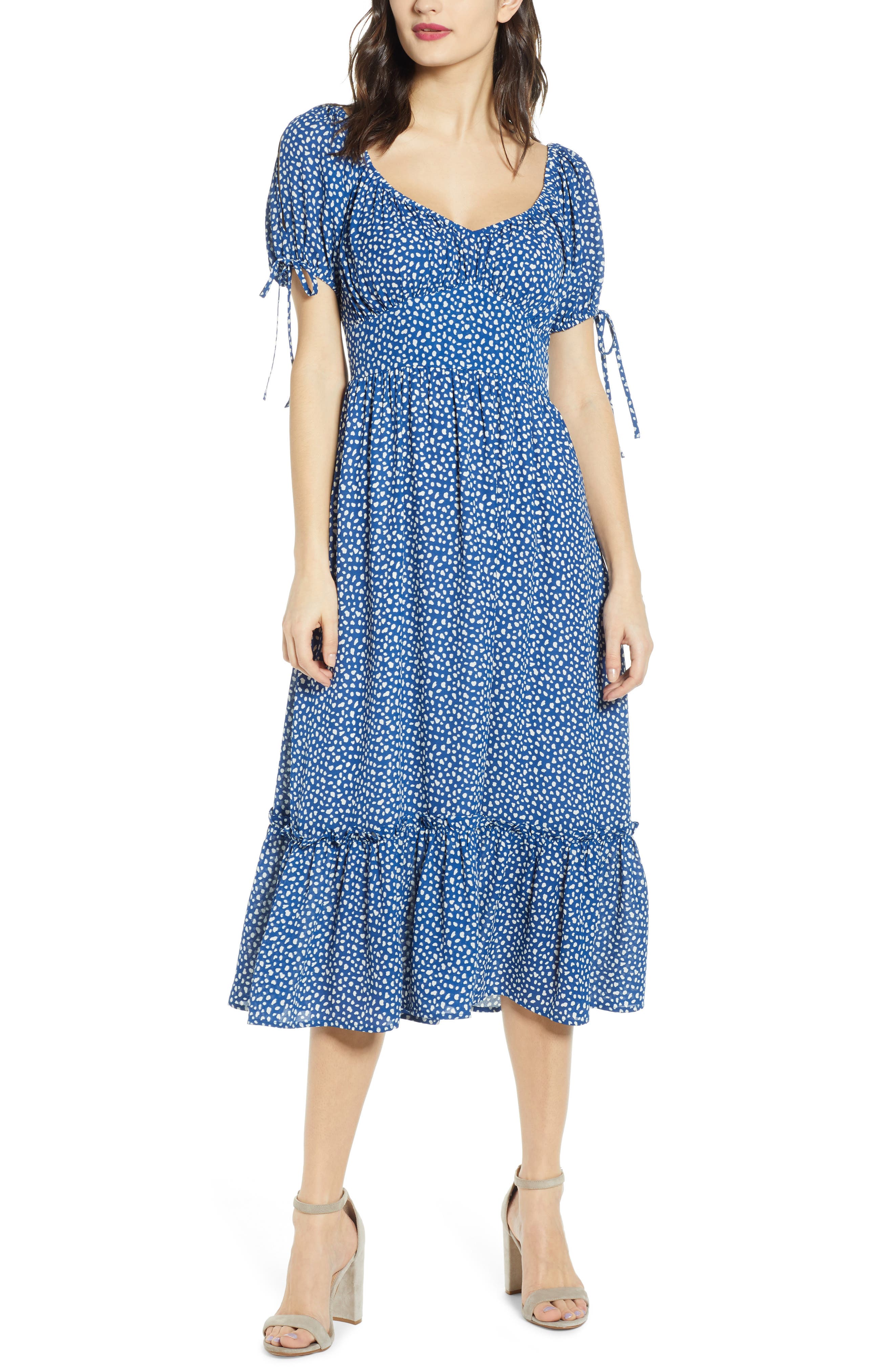 Moon River Tie Sleeve Ruffle Midi Dress, Blue