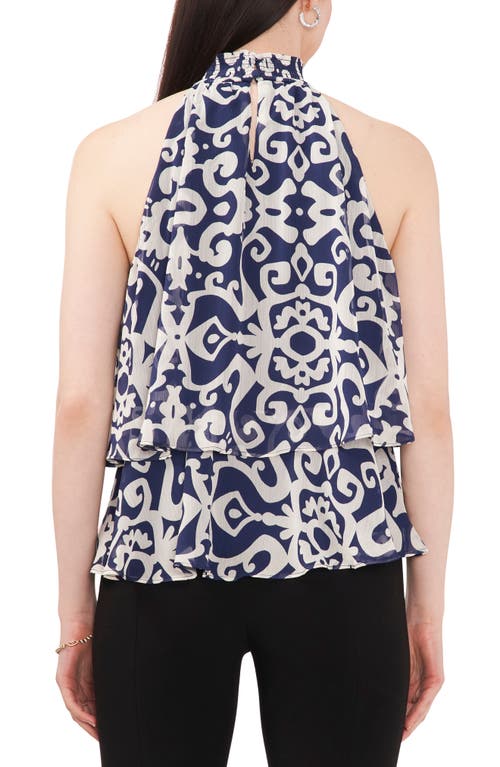 CHAUS CHAUS MEDALLION PRINT SMOCKED HALTER NECK BLOUSE 