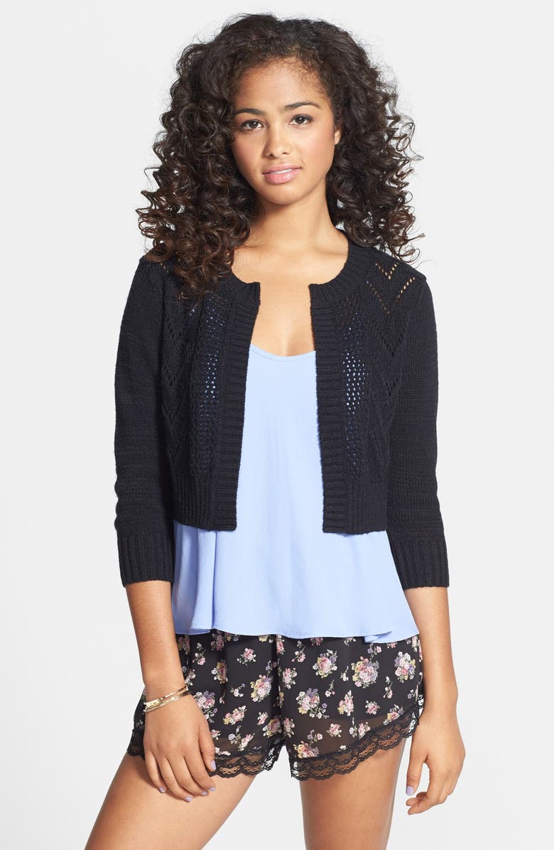FRENCHI <sup>®</sup> Pointelle Knit Crop Cardigan, Main, color, BLACK