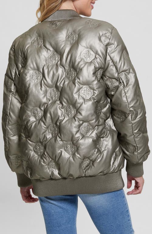 Shop Guess Marianne Peony Metallic Faux Leather Quilted Bomber In Metallic Bronze Logo