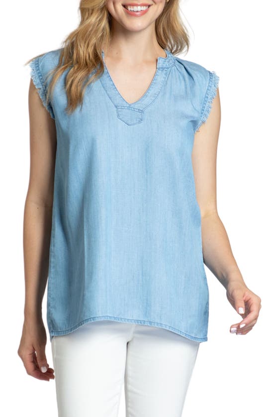 Shop Apny Sleeveless Fringed Chambray Top In Light Indigo