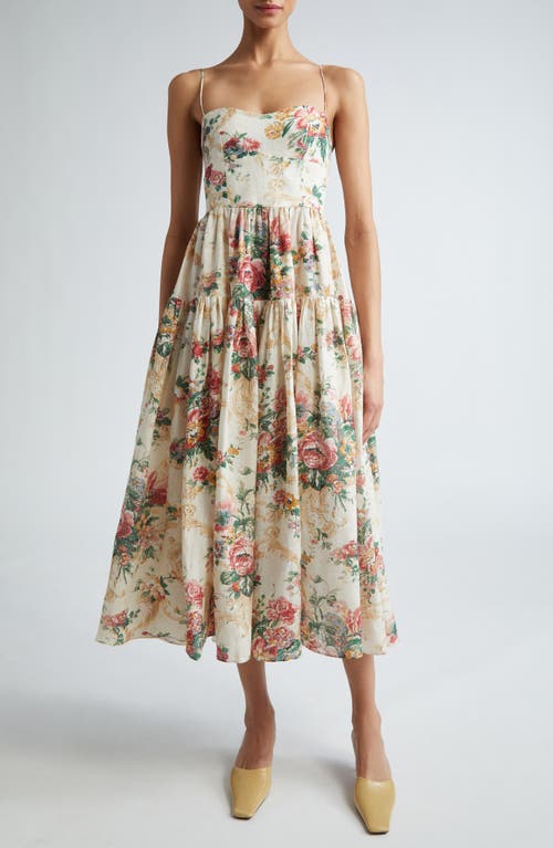 Erdem Floral Tiered Linen Fit & Flare Dress in Ecru And Multi at Nordstrom, Size 2 Us