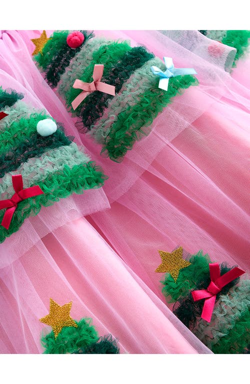 Shop Mini Boden Kids' Velvet & Tulle Appliqué Party Dress In Vintage Pink Christmas Trees