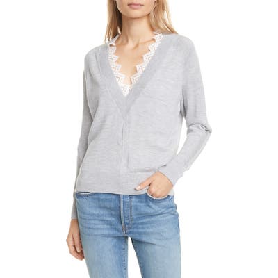 Rebecca Taylor Lace Detail V-Neck Merino Wool Sweater, Grey