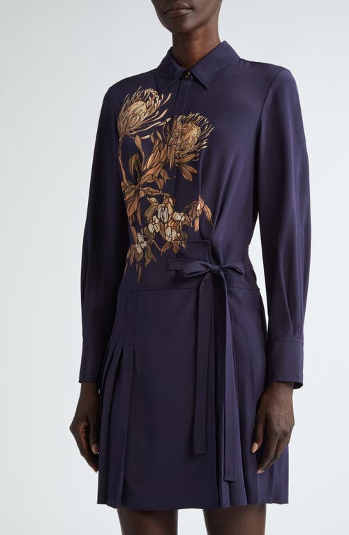 Shop Jason Wu Collection Placed Floral Print Long Sleeve Silk Shirtdress In Navy/rose Pink Multi