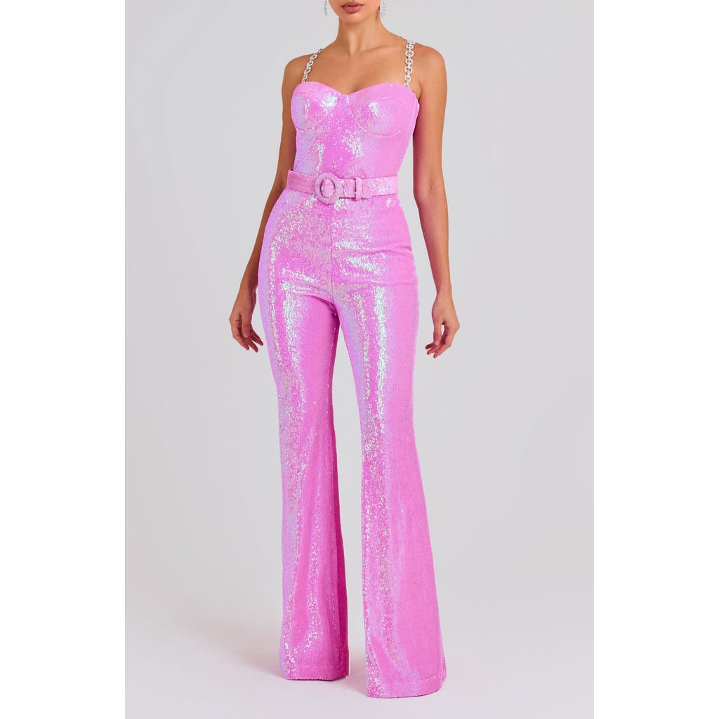 Nadine Merabi Tiffany Sequin Belted Wide Leg Jumpsuit In Light/pastel Pink