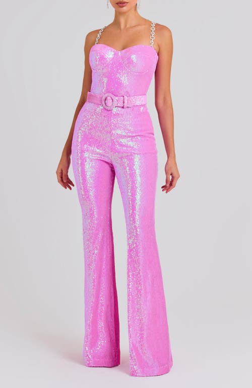 Tiffany Sequin Belted Wide Leg Jumpsuit in Light/pastel Pink