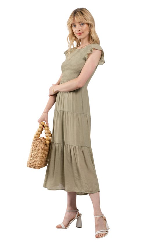 Blu Pepper Flutter Sleeve Smocked Tiered Midi Dress In Light Olive