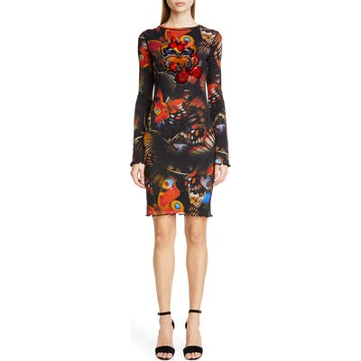 Fuzzi Butterfly Print Long Sleeve Dress, Black