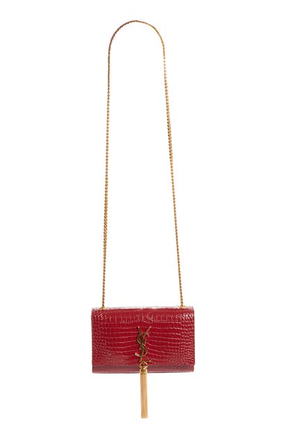 Click to view more detailed imagery on our partner's website Saint Laurent Small Kate Croc Embossed Leather Shoulder Bag In Opyum Red