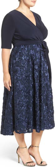 Alex Evenings Tea Length Jersey Rosette Lace Dress Nordstrom