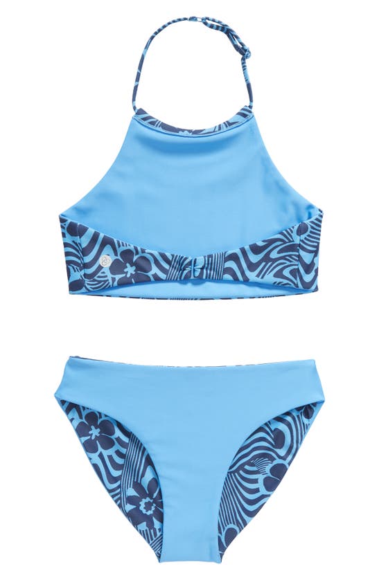 Shop Zella Girl Kids' Just Breathe Reversible Two-piece Swimsuit In Blue Lapis Psychedelic Daisy