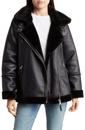 Vigoss Oversize Faux Fur Lined Faux Leather Moto Jacket In Black/black