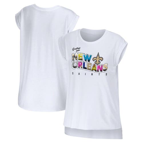 Women's WEAR by Erin Andrews White New Orleans Saints Greetings From Muscle T-Shirt