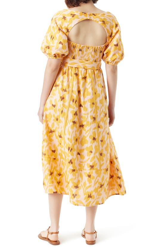 Shop Sam Edelman Irin Print Tie Waist Linen Blend Midi Dress In Bellini-sunshine Floral