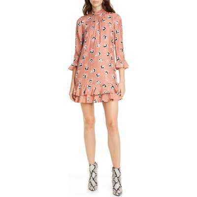 Rebecca Taylor Paintbrush Floral Ruffle Detail Silk Blend Shift Dress, Pink