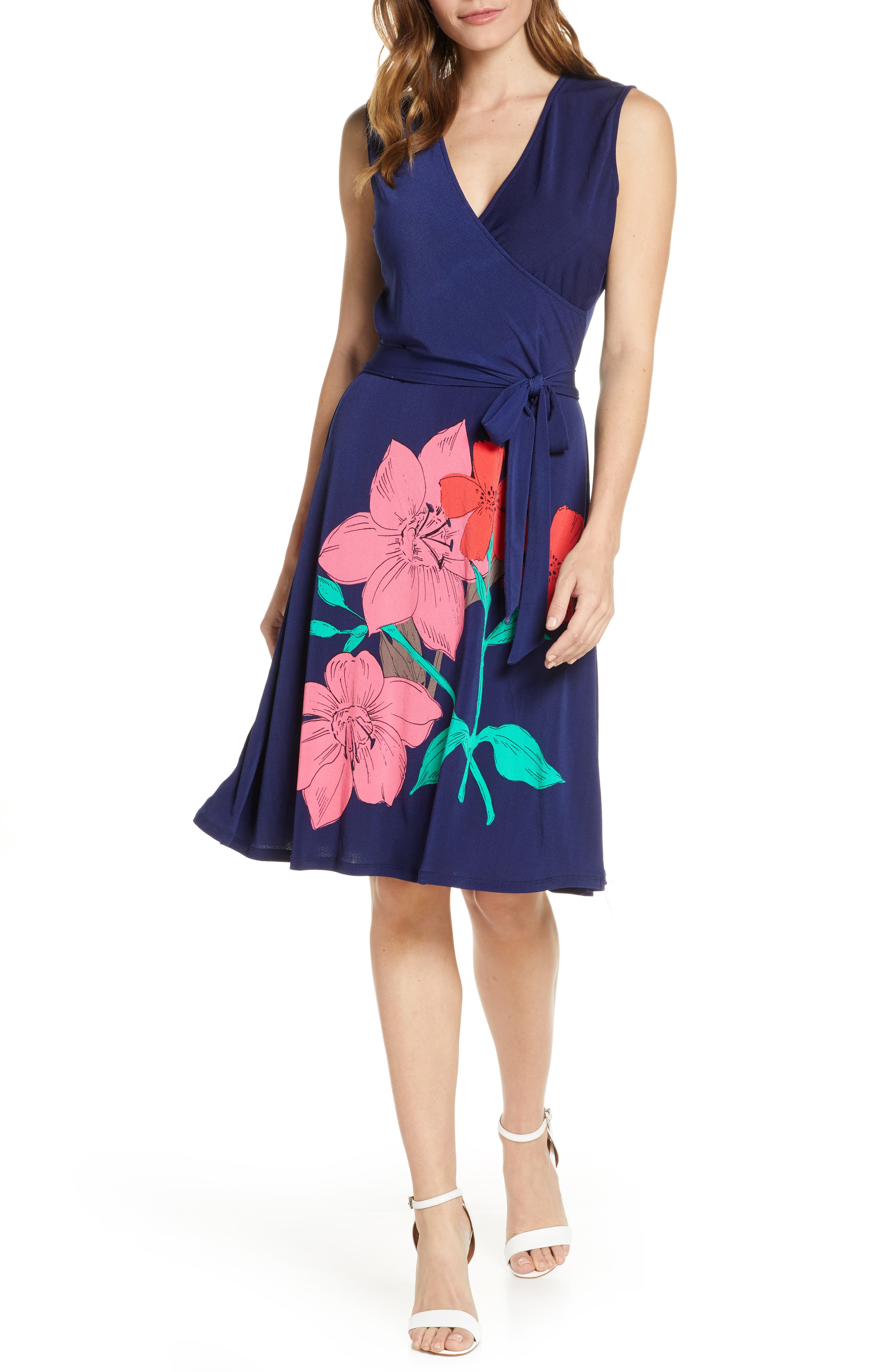 Leota Floral Faux Wrap Dress, Blue