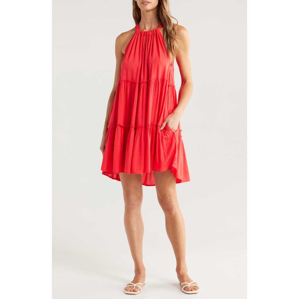 Shop Elan Ruched Tiered Cover-up Swing Dress In Red Coral