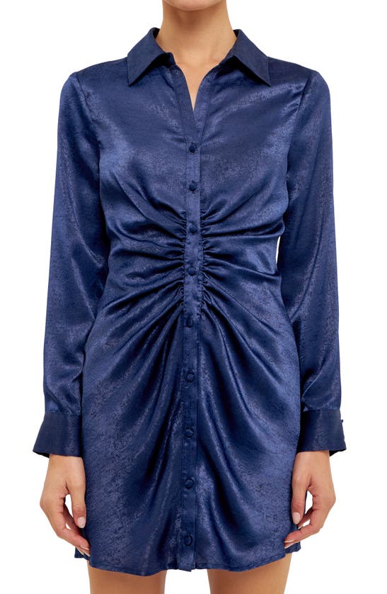 Endless Rose Ruched Long Sleeve Satin Shirtdress In Navy