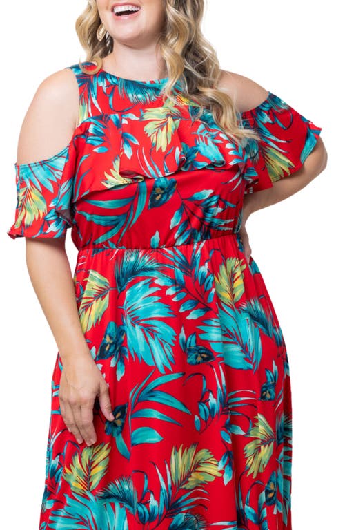 Shop Kiyonna Piper Cold Shoulder Dress In Red Hibiscus Palm Print