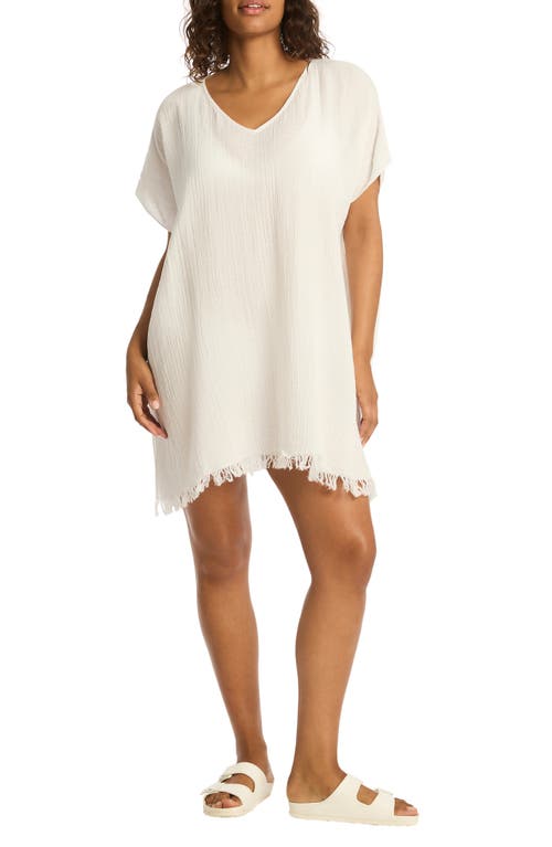 Sunset Fringe Cotton Cover-Up Caftan in White