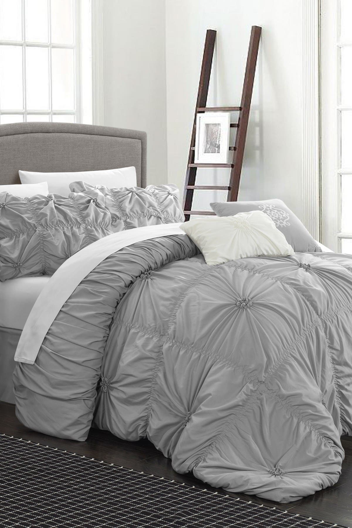 Chic Home Bedding Silver Hilton Floral Pinch Pleat Ruffle Embellished