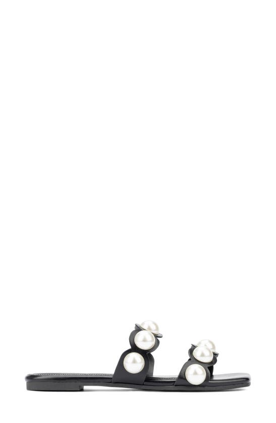 Fashion To Figure Sage Faux Pearl Studded Slide Sandal In Black