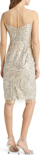 Vince Camuto Sequin Illusion Lace Yoke Sleeveless Cocktail Dress Champagne